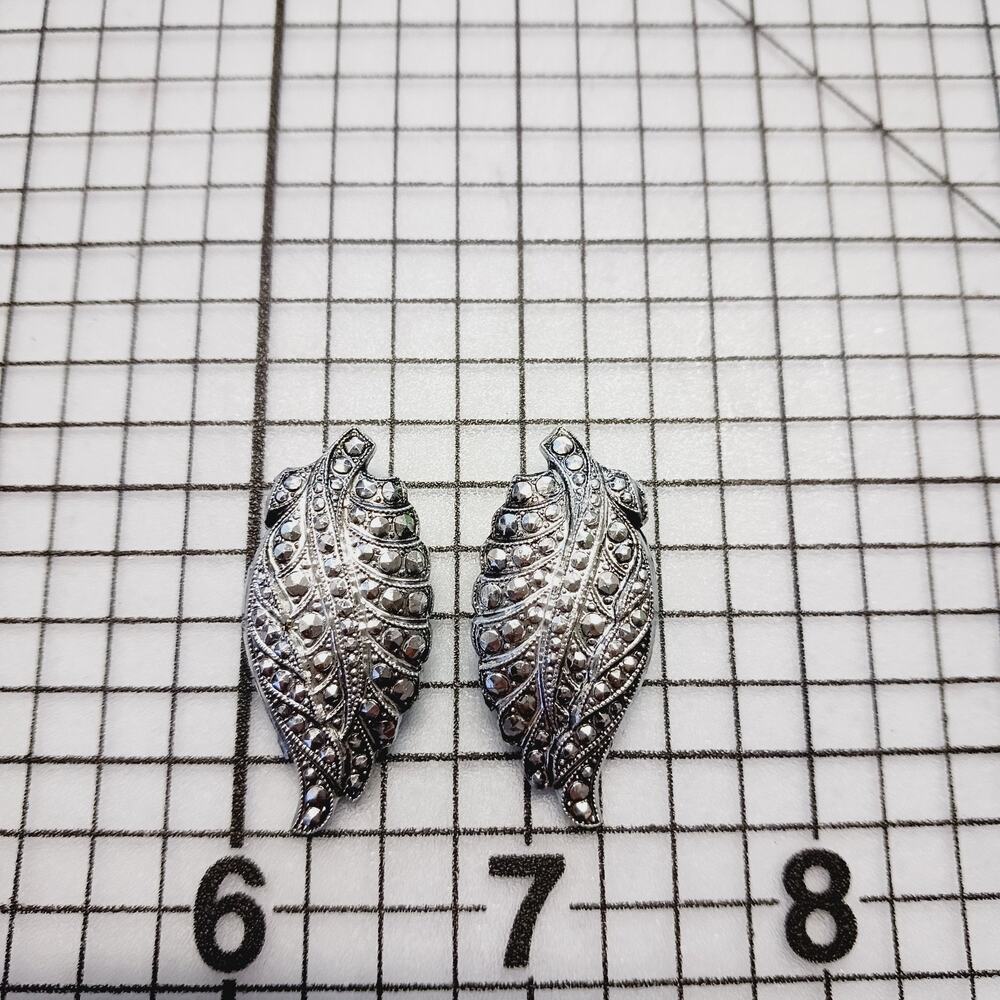 Earrings Clip VTG West Germany Silver Tone Leaf Marcasite Look Signed Autumn